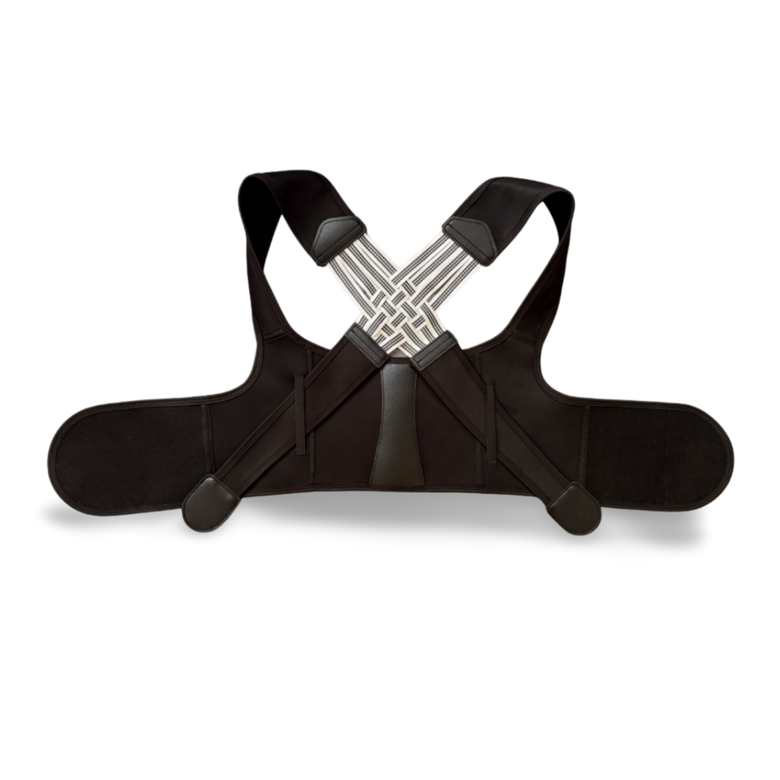 Black chest support brace on a white background